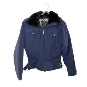 Vintage Nils Skiwear Jacket Faux Fur Collar Belted Padded Winter Coat Sz 10 Navy